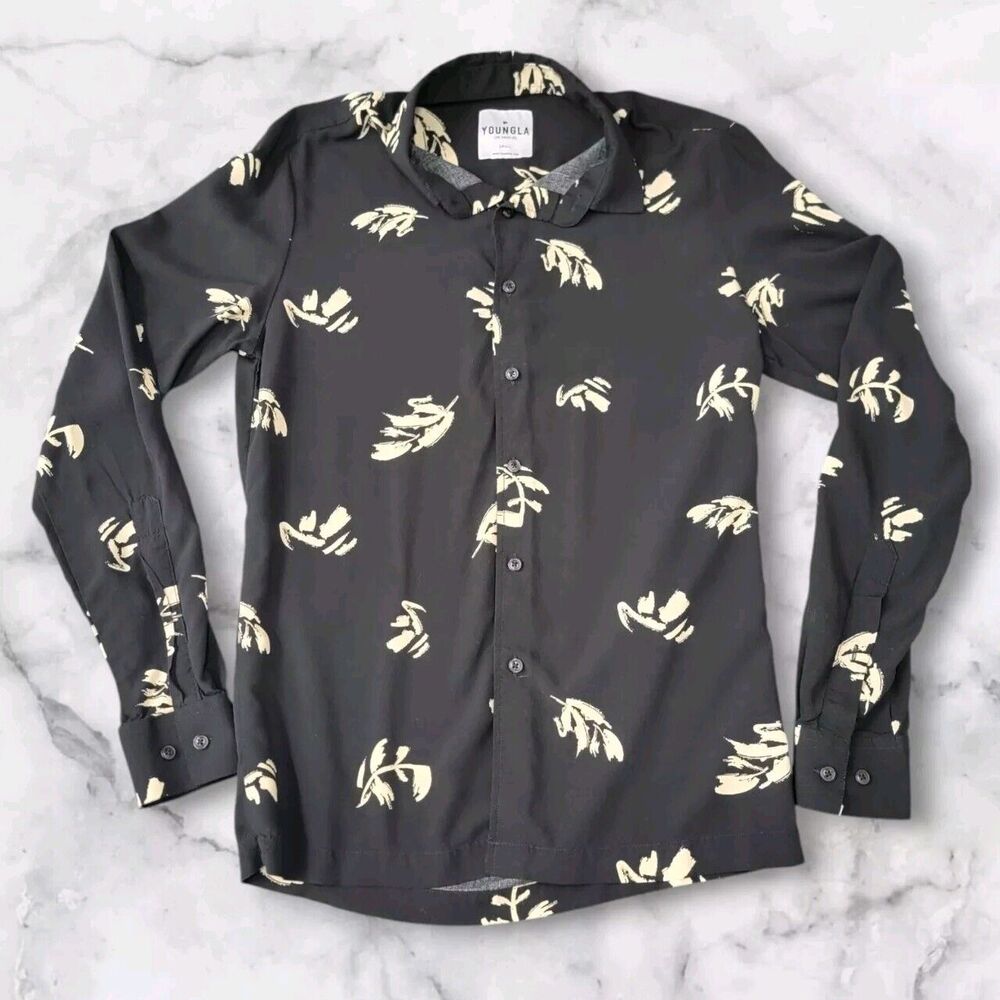 YoungLA Mens Small Shirt‎ Black Floral Hawaiian Long Sleeve Button Up Viscose